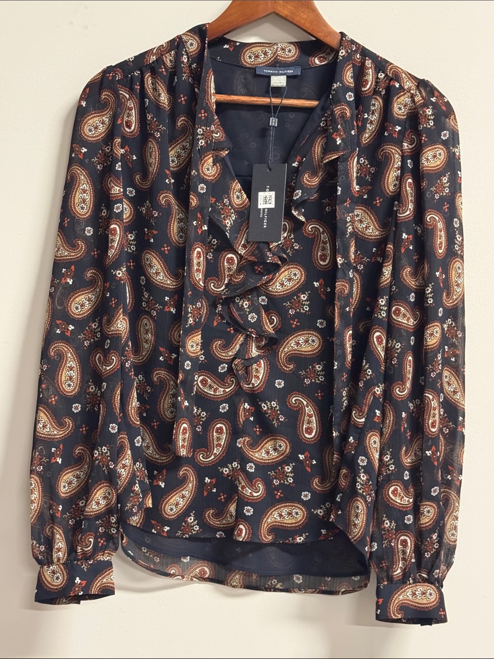 Tommy Hilfiger Black Paisley Ruffle-Neck Blouse